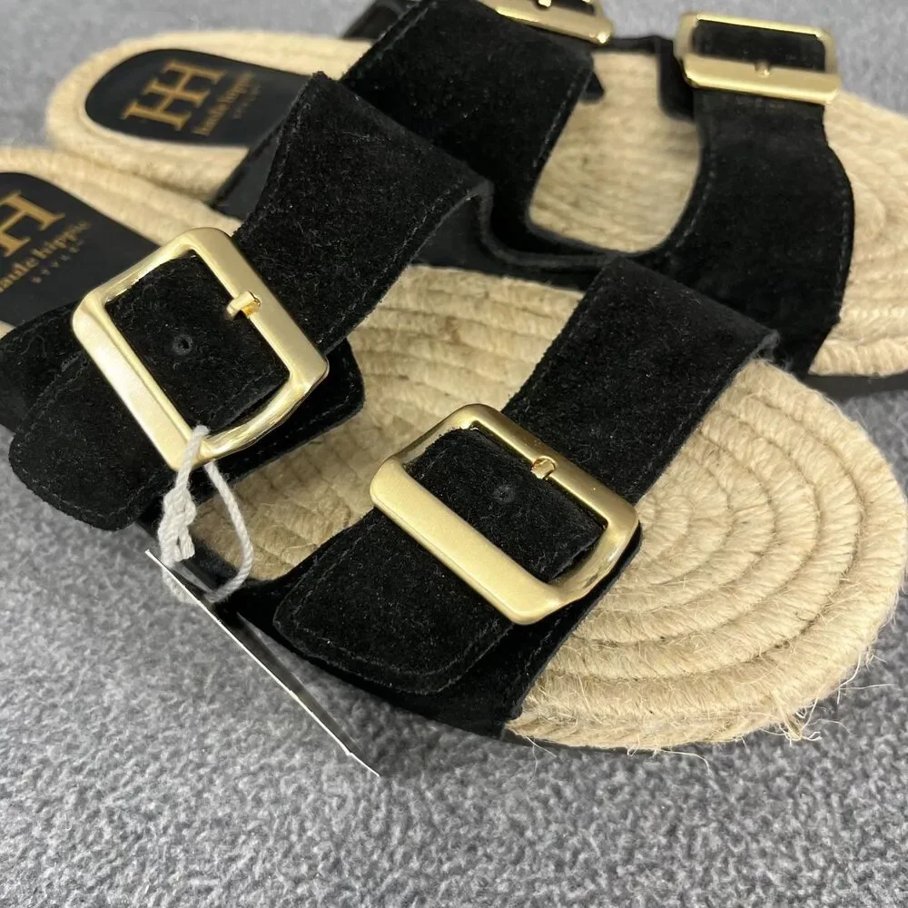 Haute Hippie Sandals Womens 7.5 black genuine suede‎ espadrille slip on buckle